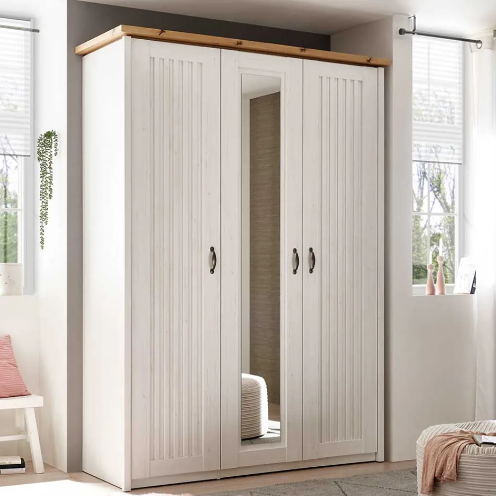Wohnen Kleiderschränke|Kleiderschränke*3-türiger Kleiderschrank in Weiß & Eiche Dekor - Malvissa
