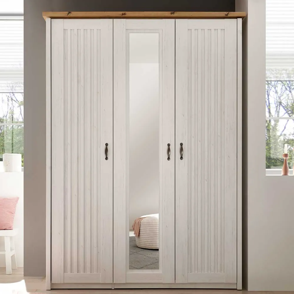 Wohnen Kleiderschränke|Kleiderschränke*3-türiger Kleiderschrank in Weiß & Eiche Dekor - Malvissa