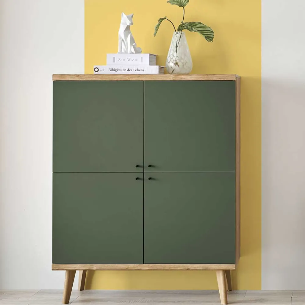 Wohnen 4-türiges Highboard in Graugrün und Wildeiche - Oliva