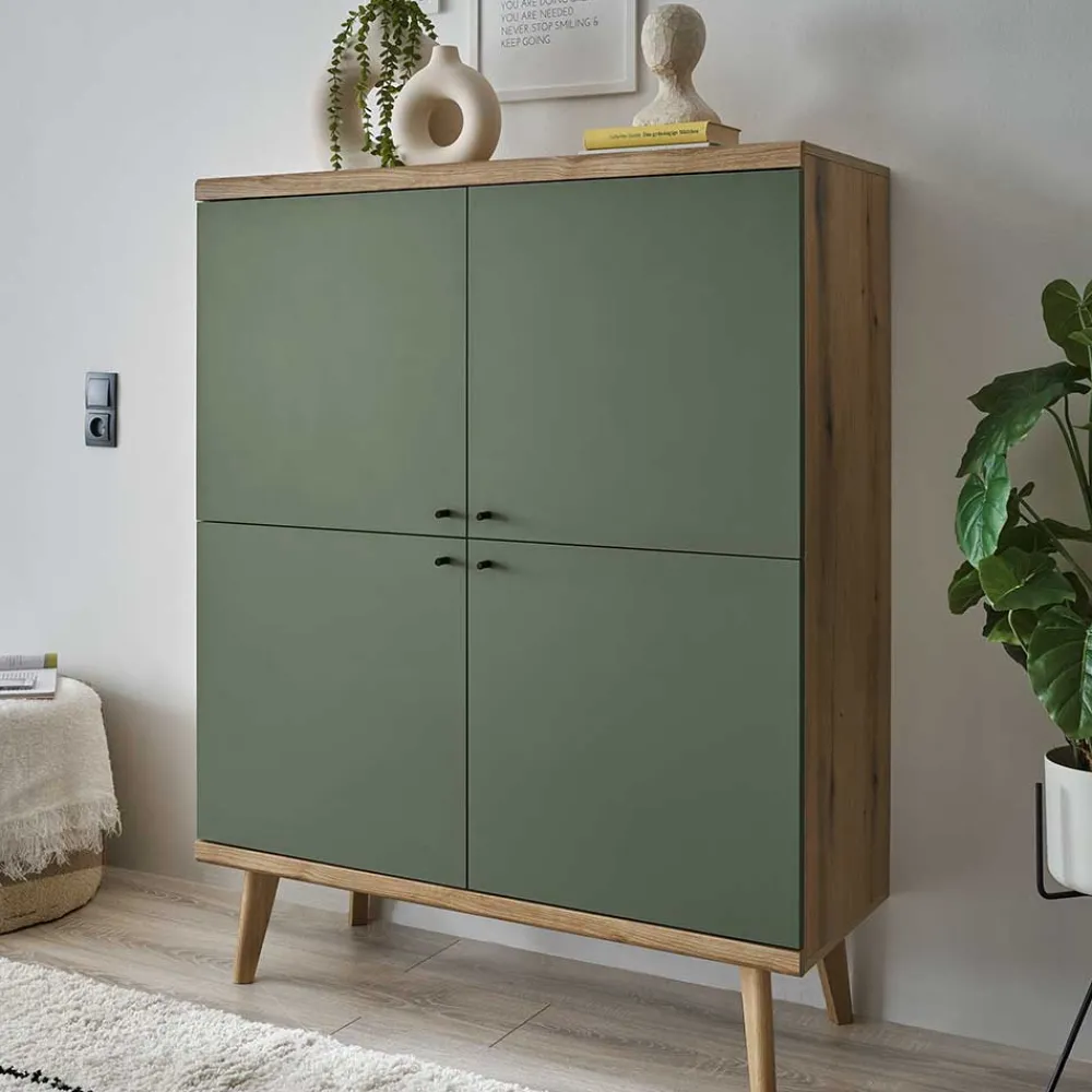 Wohnen 4-türiges Highboard in Graugrün und Wildeiche - Oliva