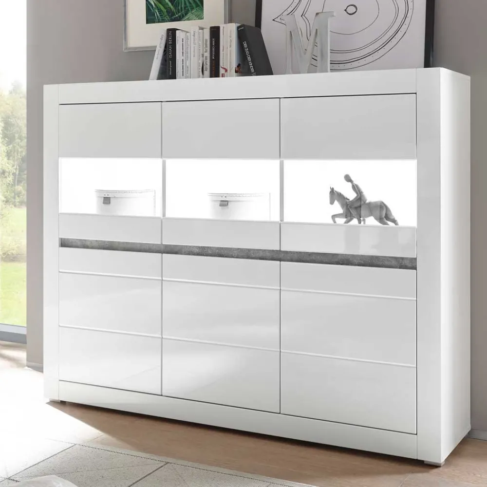 Wohnen 6-türiges Highboard in Weiß Hochglanz Mextra & Beton Dekor