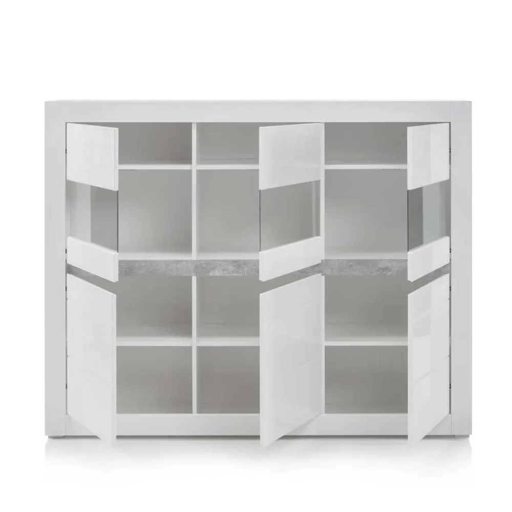 Wohnen 6-türiges Highboard in Weiß Hochglanz Mextra & Beton Dekor