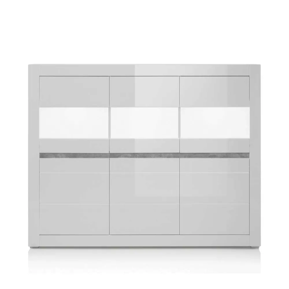 Wohnen 6-türiges Highboard in Weiß Hochglanz Mextra & Beton Dekor