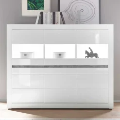 Wohnen 6-türiges Highboard in Weiß Hochglanz Mextra & Beton Dekor