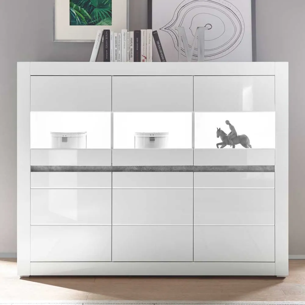 Wohnen 6-türiges Highboard in Weiß Hochglanz Mextra & Beton Dekor
