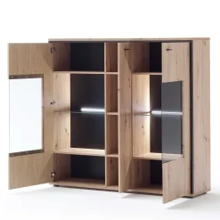 Wohnen 3-türiges Highboard mit Glas in Holzdekor Eiche - Nikdus