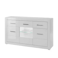 Wohnen Sideboards & Kommoden|Wohnzimmerschränke*3-türiges Sideboard in Hochglanz Weiß & Glas Yulis mit 2 Schubladen