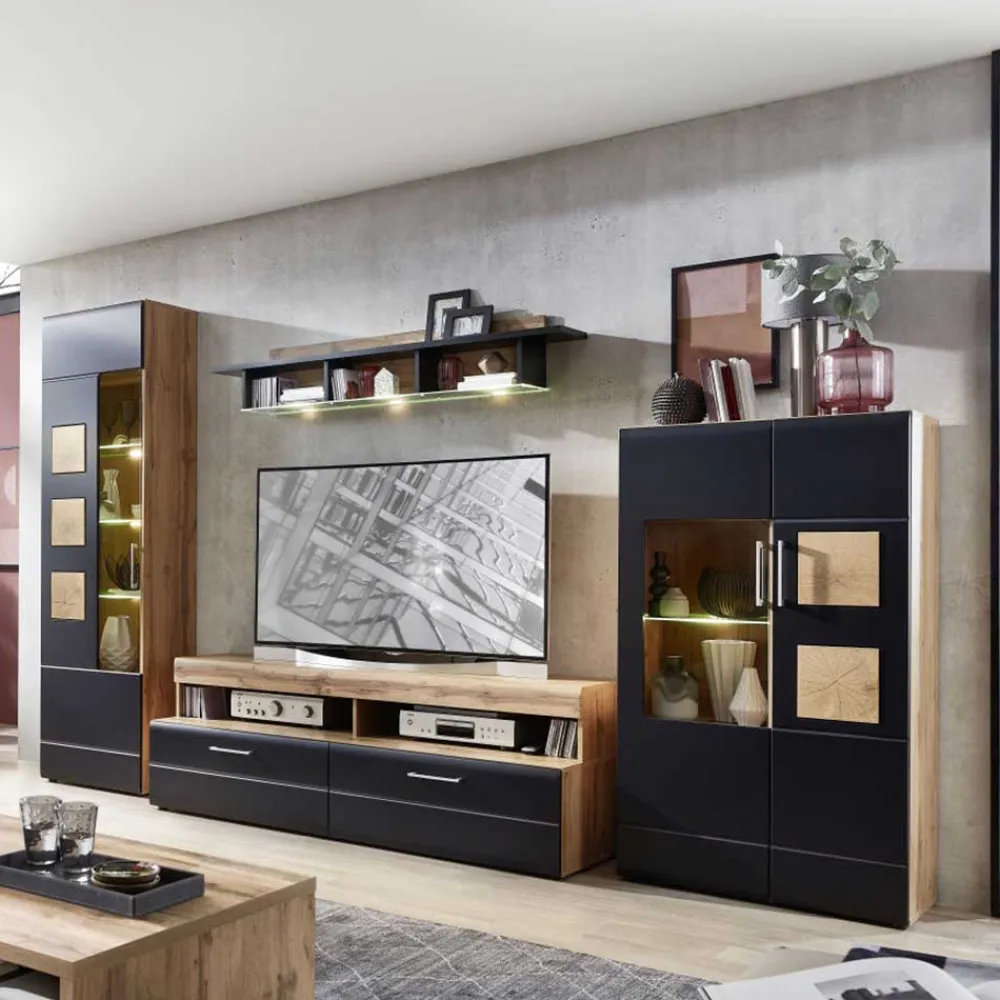 Wohnen Wohnzimmerschränke*TV Anbauwand in Schwarz & Wildeiche - Kandu (vierteilig)