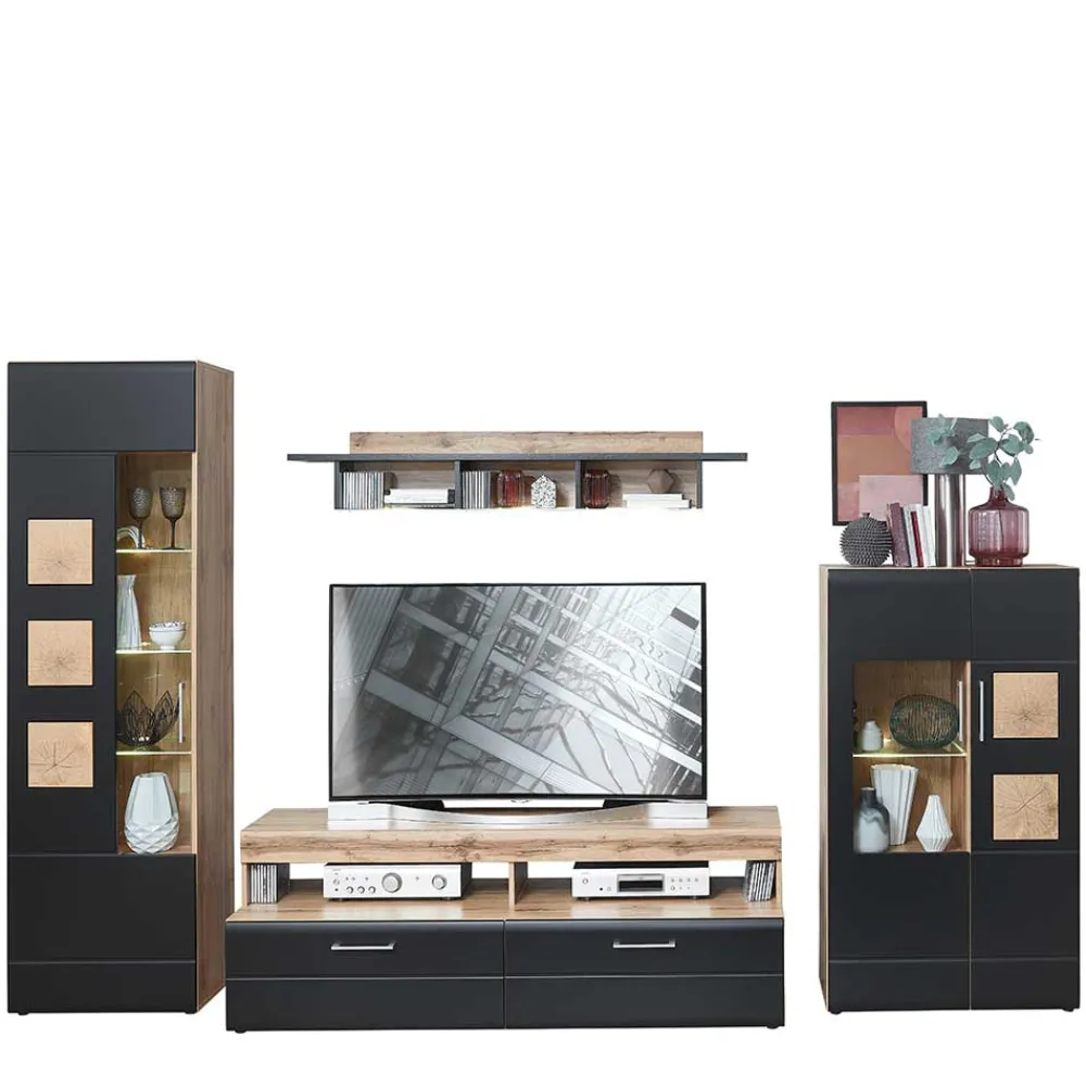 Wohnen Wohnzimmerschränke*TV Anbauwand in Schwarz & Wildeiche - Kandu (vierteilig)
