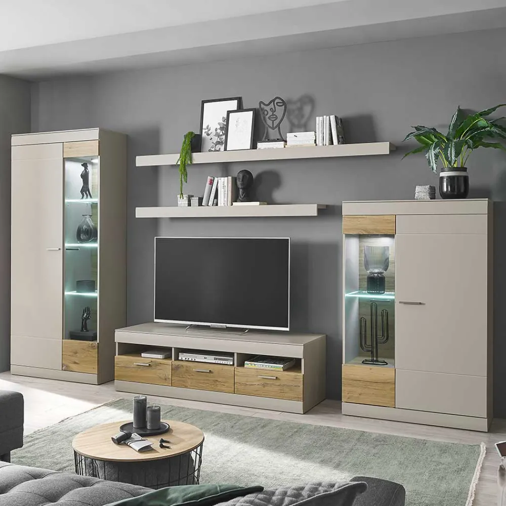 Wohnen TV Wohnwand in Hellgrau & Zinneiche - Lioscas (fünfteilig)