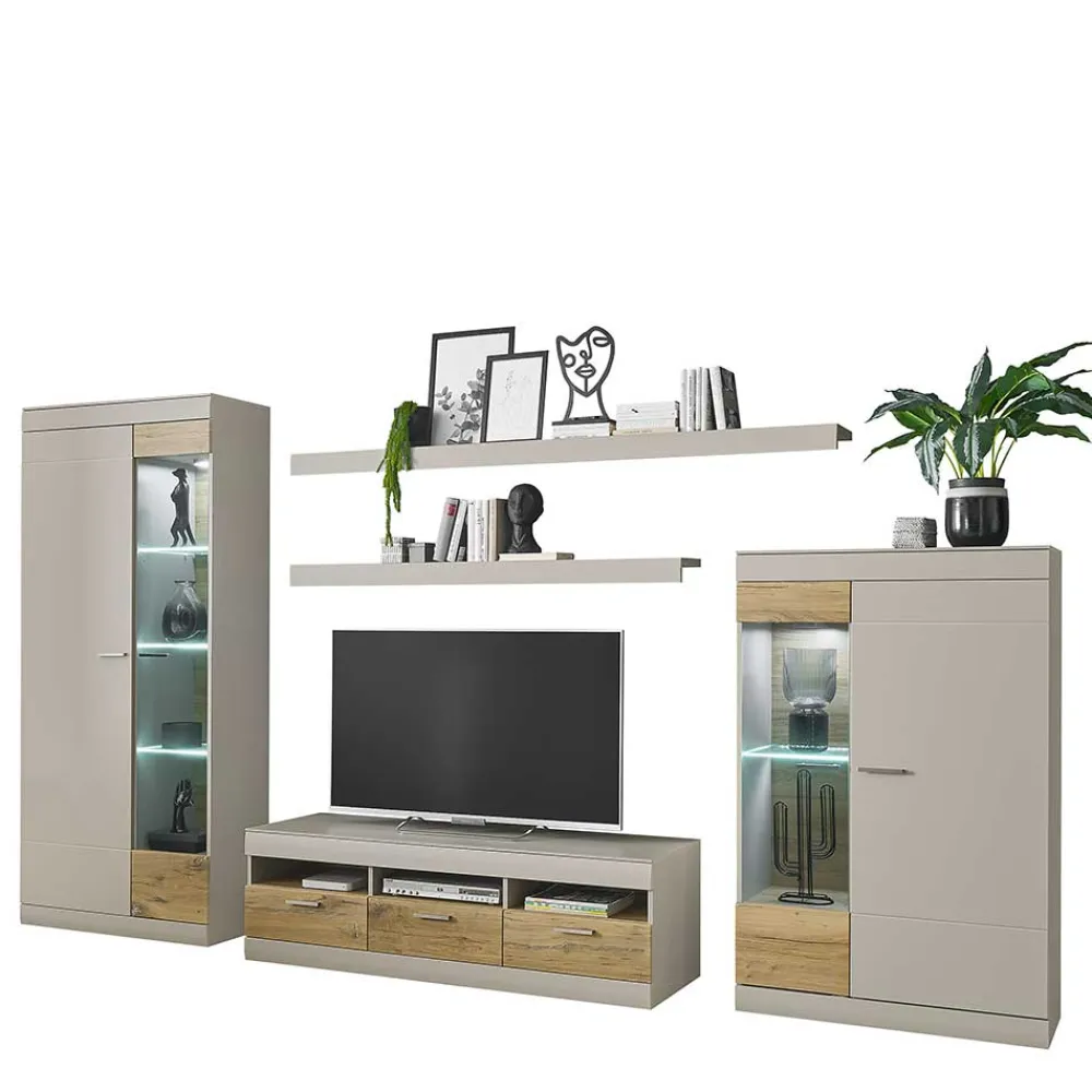 Wohnen TV Wohnwand in Hellgrau & Zinneiche - Lioscas (fünfteilig)
