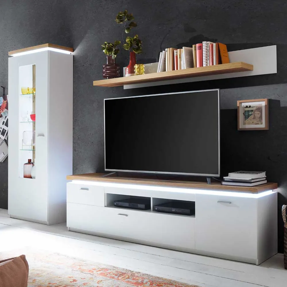 Wohnen Wohnwände|Wohnwand*TV Wohnwand in Weiß & Dekor Wildeiche - Caldri (dreiteilig)