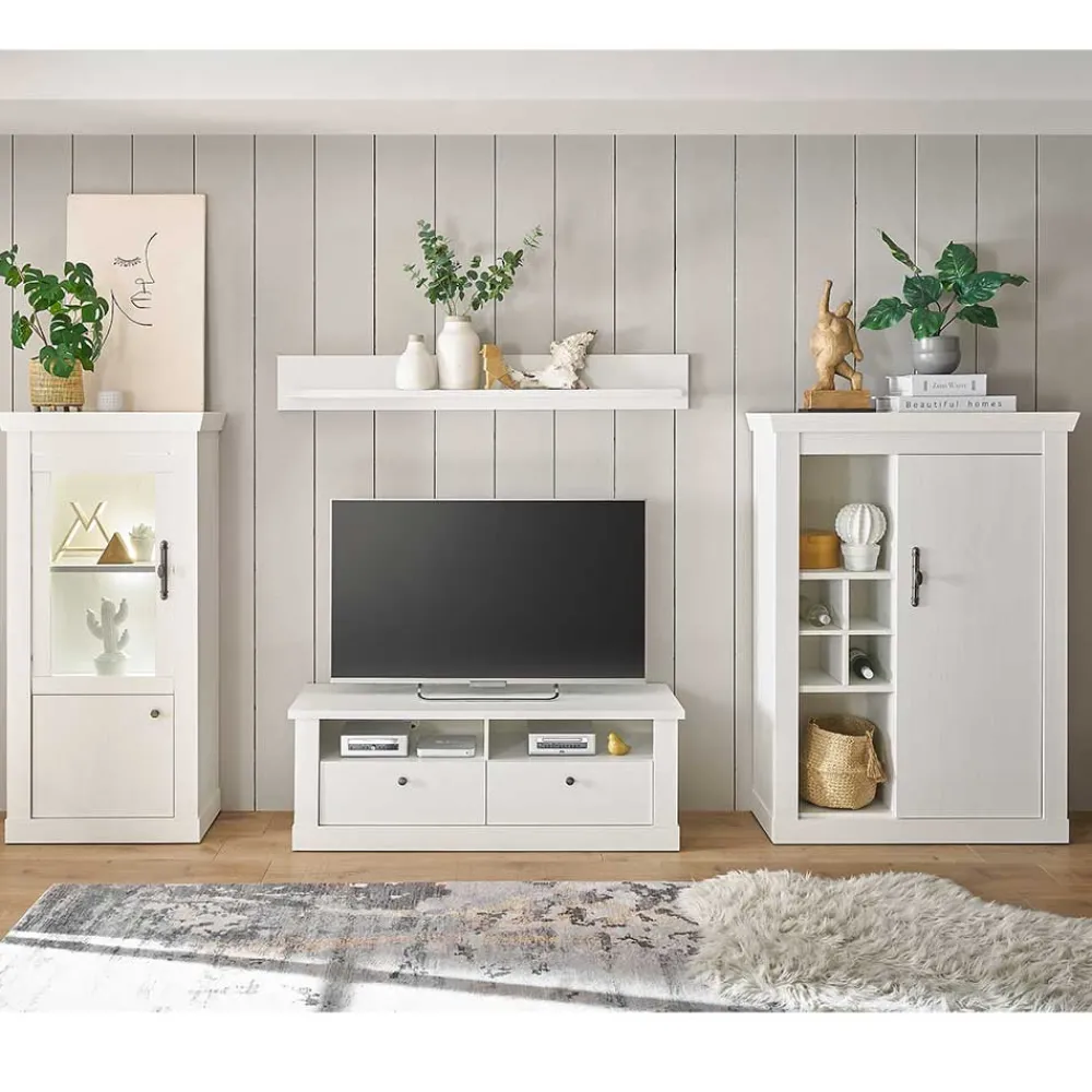 Wohnen TV Wohnwand in weißer Holzoptik Pinie - Liancos (vierteilig)