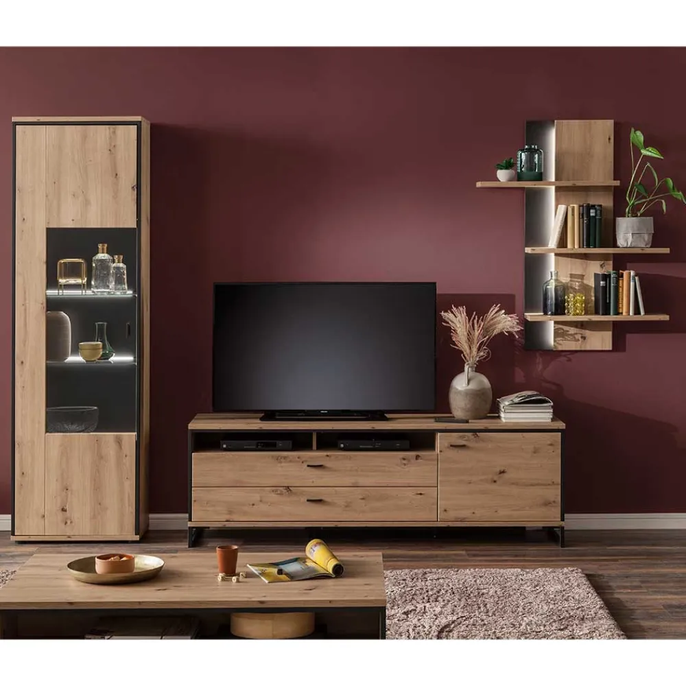 Wohnen TV Wohnwand Set in Dekor Eiche - Nikdus (dreiteilig)