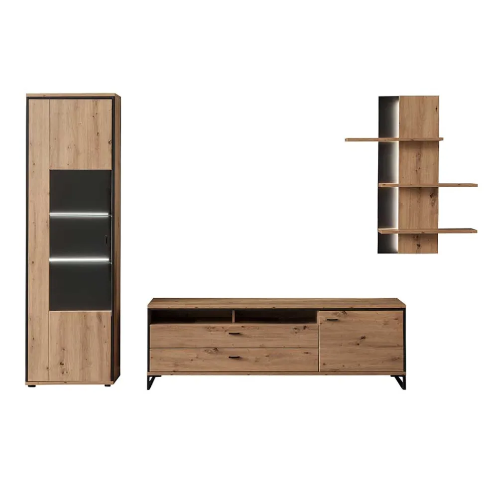 Wohnen TV Wohnwand Set in Dekor Eiche - Nikdus (dreiteilig)