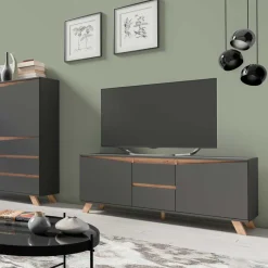 Wohnen Skandinavische Möbel|Sideboards & Kommoden*TV-Lowboard in Anthrazit mit Wildeiche - Operatiu
