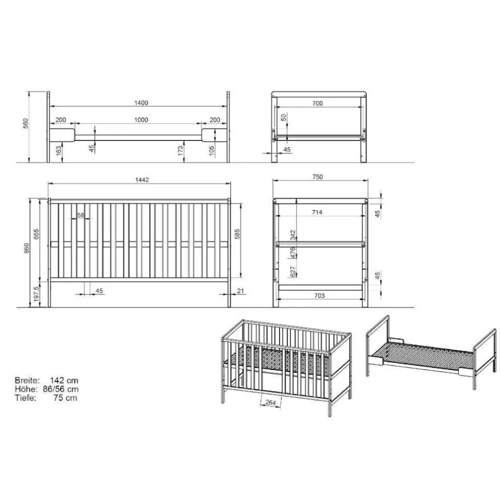 Wohnen Kindermöbel|Babybetten*Umbaubares Kinderbett in Hellgrau - Afilon