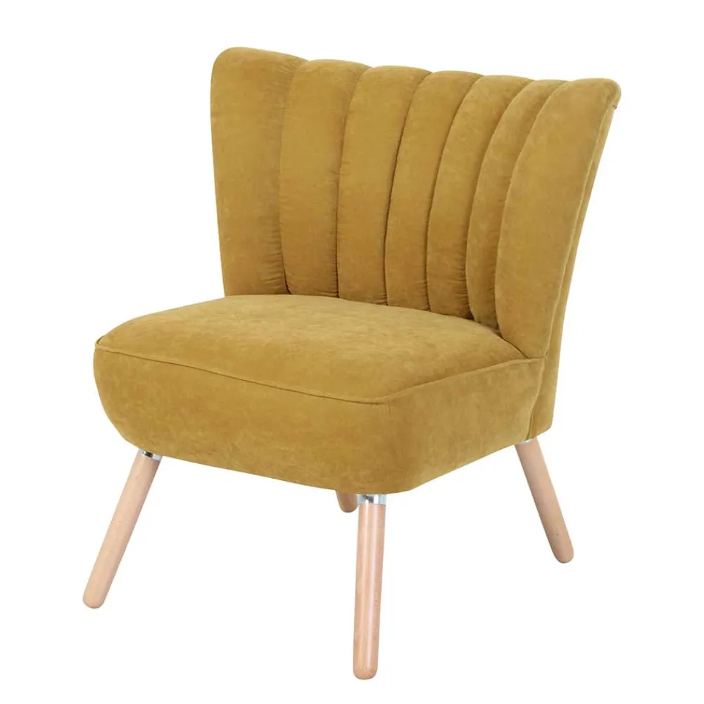 Wohnen Retro Möbel|Sessel & Hocker*Velours Sessel in Maisgelb und Buche - Barack