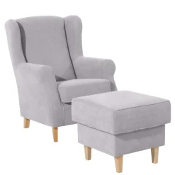 Wohnen Sessel & Hocker*Velours-Ohrensessel in Silbergrau und Buche - Jiletta