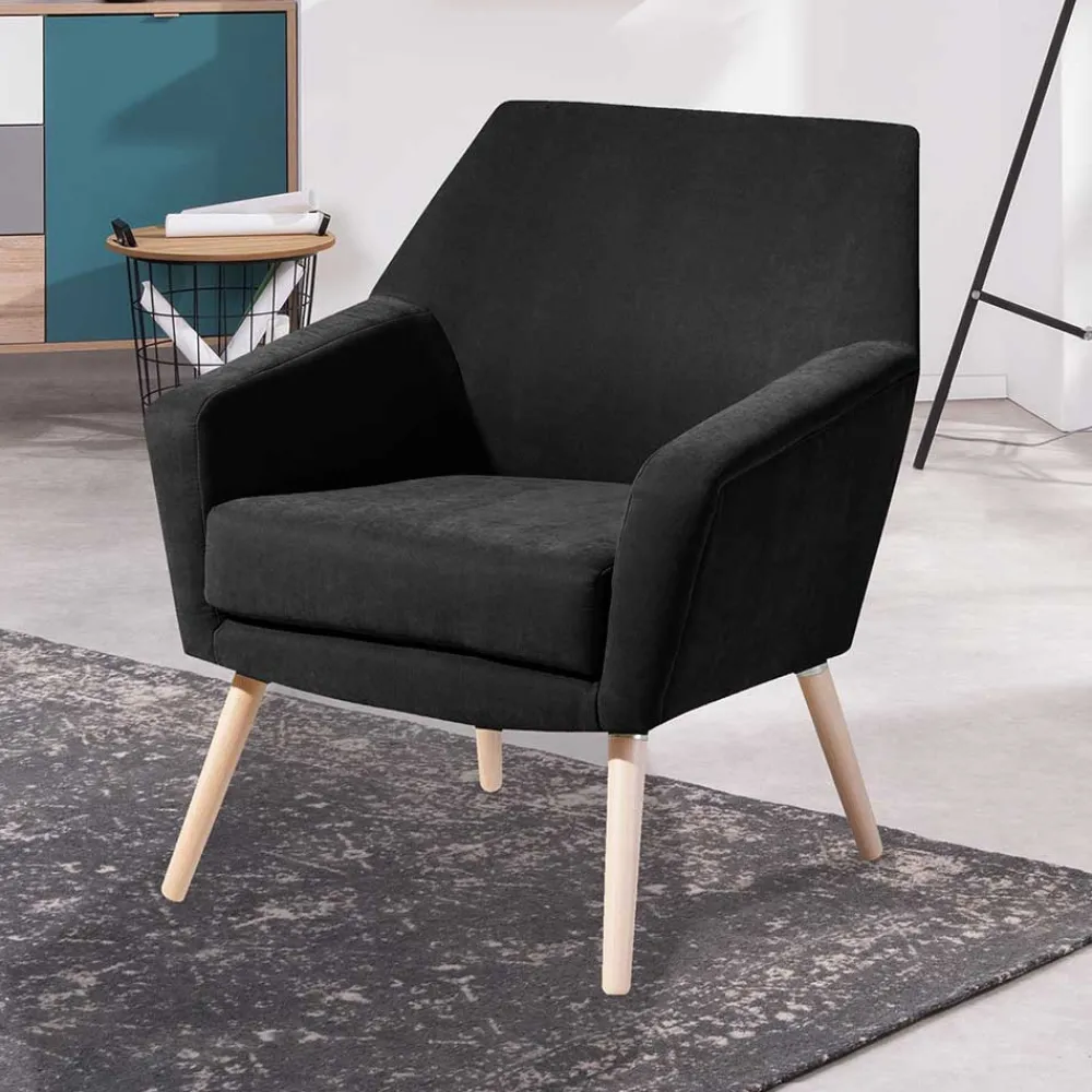 Wohnen Velourssessel in Schwarz mit Buche Natur - Nocena