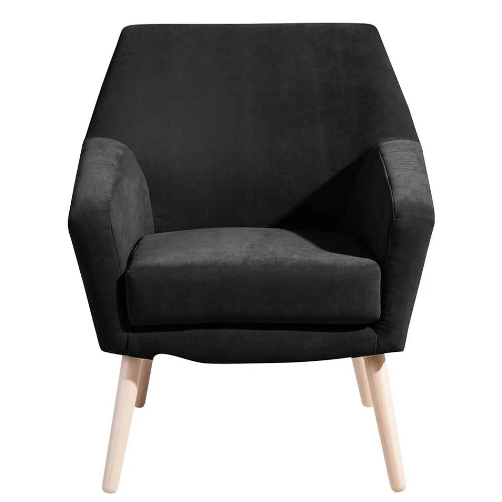 Wohnen Velourssessel in Schwarz mit Buche Natur - Nocena