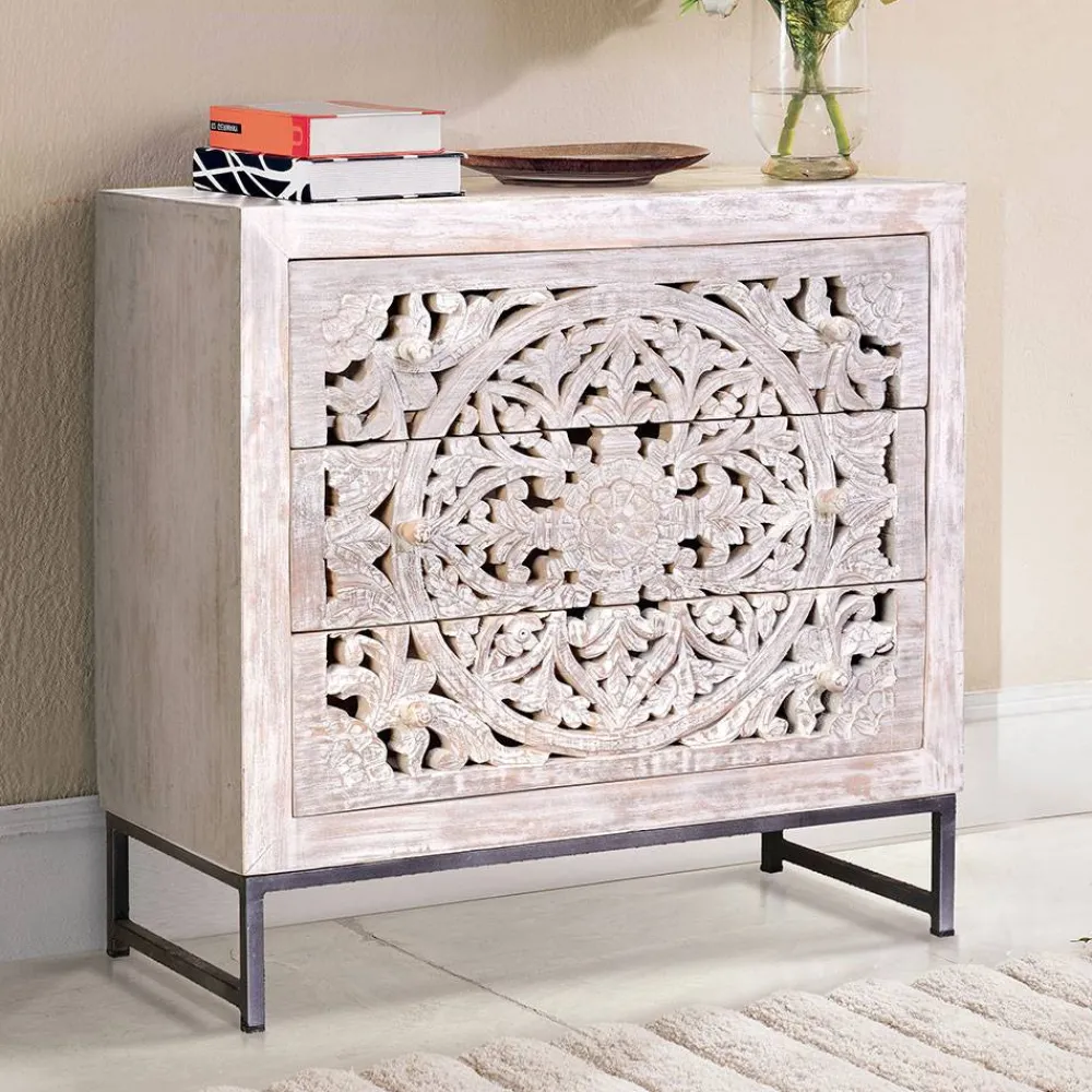 Wohnen Vintage Kommode in Mangoholz White Wash - Fudorus