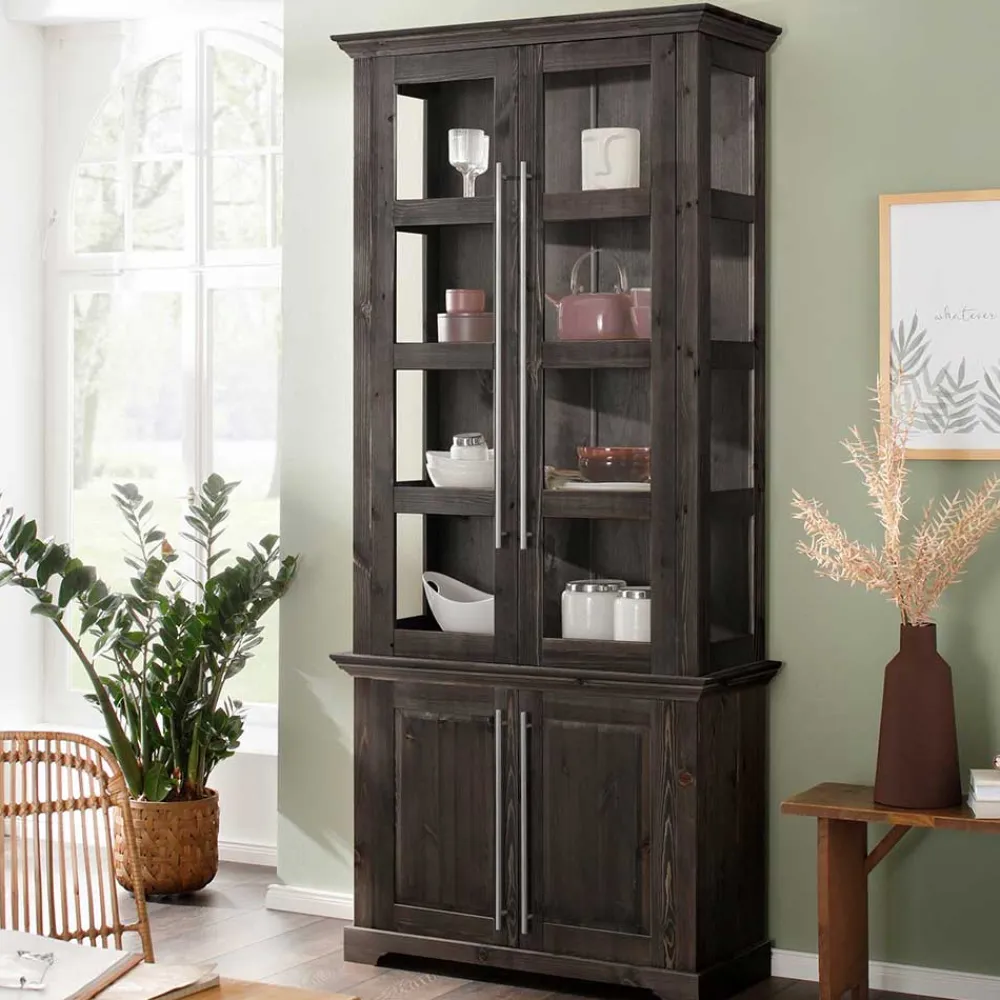 Wohnen Esszimmer-Vitrinen*Vitrine aus dunkel lackiertem Kiefernholz - Syvila
