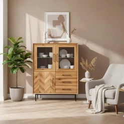 Wohnen Vitrine Highboard mit 3 Türen & Schubladen - Kerfa