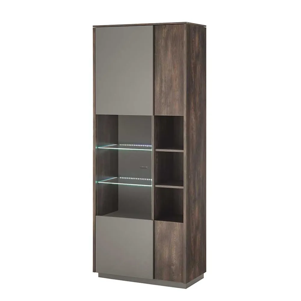 Wohnen Graue Möbel|Vitrinen*Vitrine Schrank in Anthrazit und Eiche Dunkel - Mundo