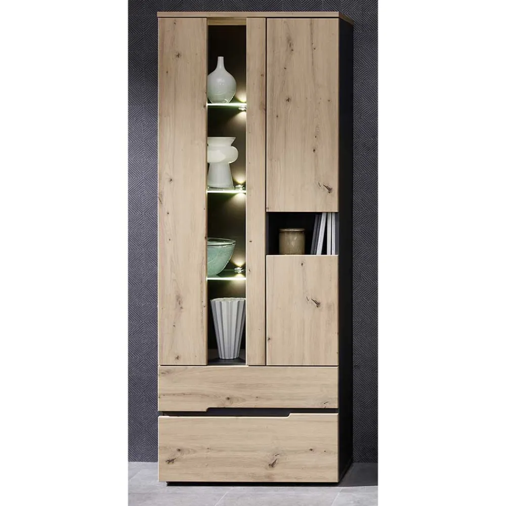 Wohnen Vitrinenschrank in Wildeiche mit Grau - Kuetra