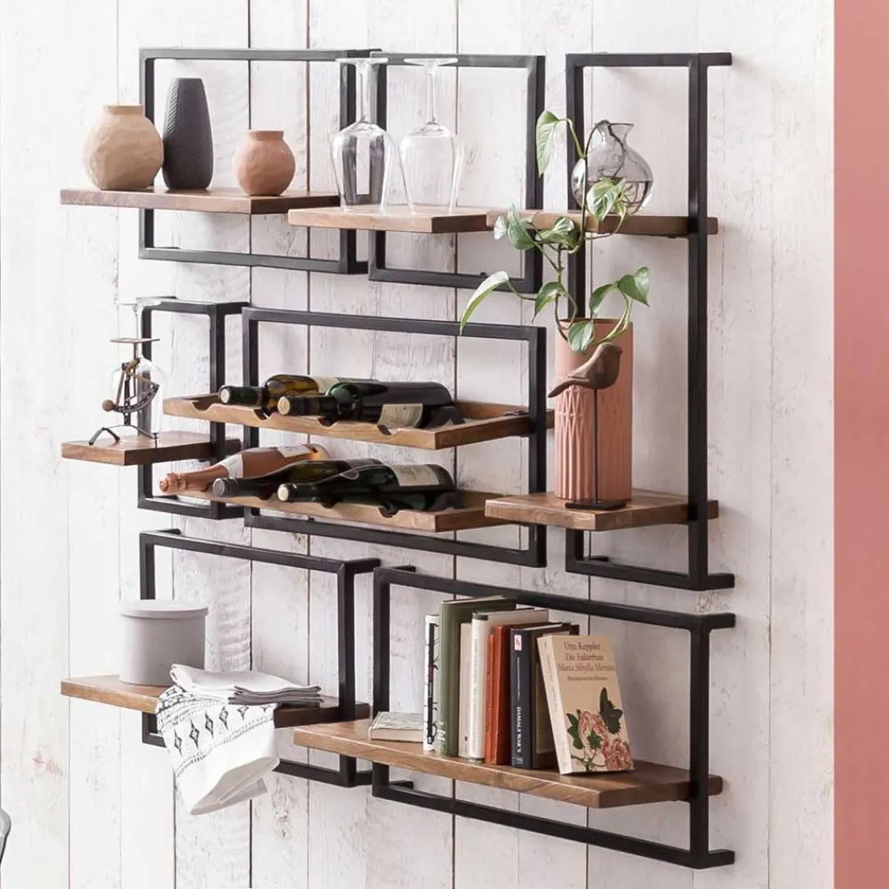 Wohnen Wandregal Set aus Metall & Massivholz - Fiorda (siebenteilig)