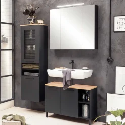 Wohnen Schwarze Möbel|Waschtisch*Waschbeckenunterschrank in Schwarz mit Wildeiche Dekor - Riguna