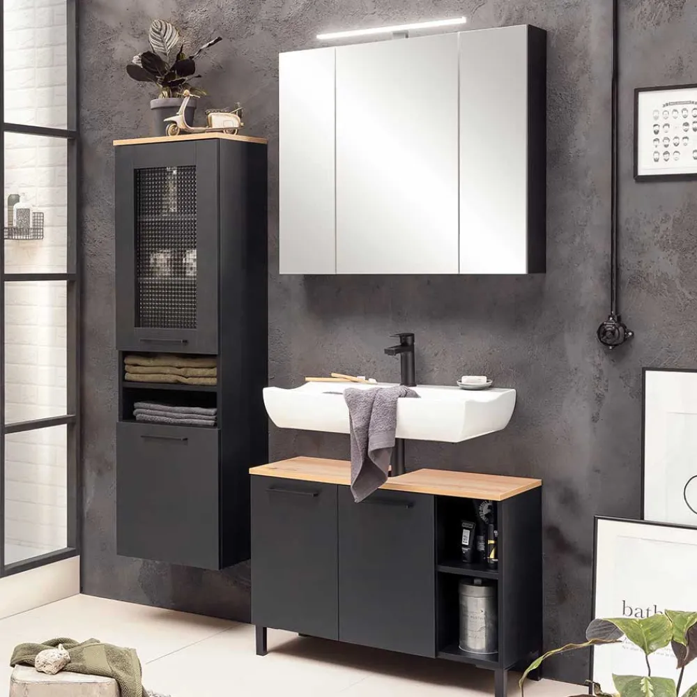 Wohnen Schwarze Möbel|Waschtisch*Waschbeckenunterschrank in Schwarz mit Wildeiche Dekor - Riguna