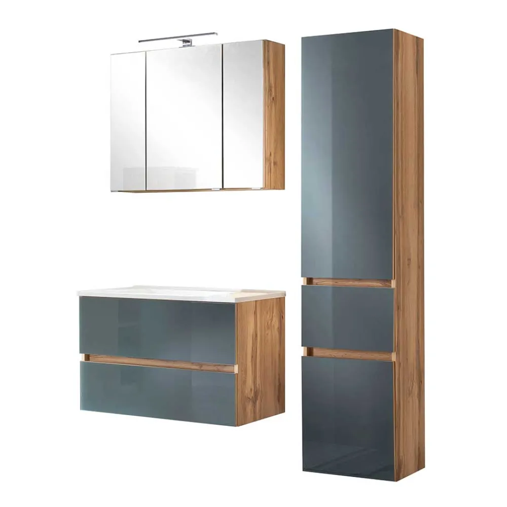 Wohnen Badezimmer Komplett*Waschplatz Kombi & Hochschrank - Anviletca (dreiteilig)