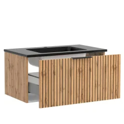 Wohnen Glasmöbel|Badezimmer Komplett*Waschtisch & LED Spiegel & Oberschrank - Crystoga (dreiteilig)