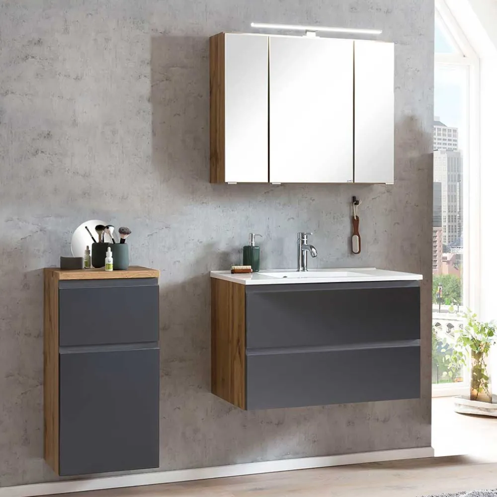 Wohnen Graue Möbel|Glasmöbel*Waschtisch Kombi & Bad Unterschrank - Jambi (dreiteilig)