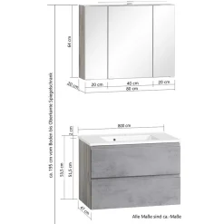 Wohnen Graue Möbel|Glasmöbel*Waschtisch Kombi & Bad Unterschrank - Jambi (dreiteilig)