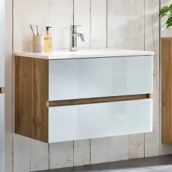 Wohnen Waschtisch|Waschbeckenunterschränke*Waschtisch Konsole in Weiß & Wildeiche - Vrendina