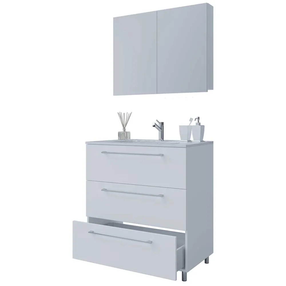 Wohnen Badezimmer Komplett*Waschtisch und Spiegelschrank in Weiß - Ipsum (zweiteilig)
