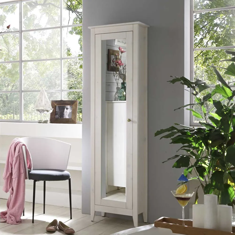 Wohnen Badschränke*Weiß lasierter Hochschrank fürs Bad mit Spiegel - Lousias