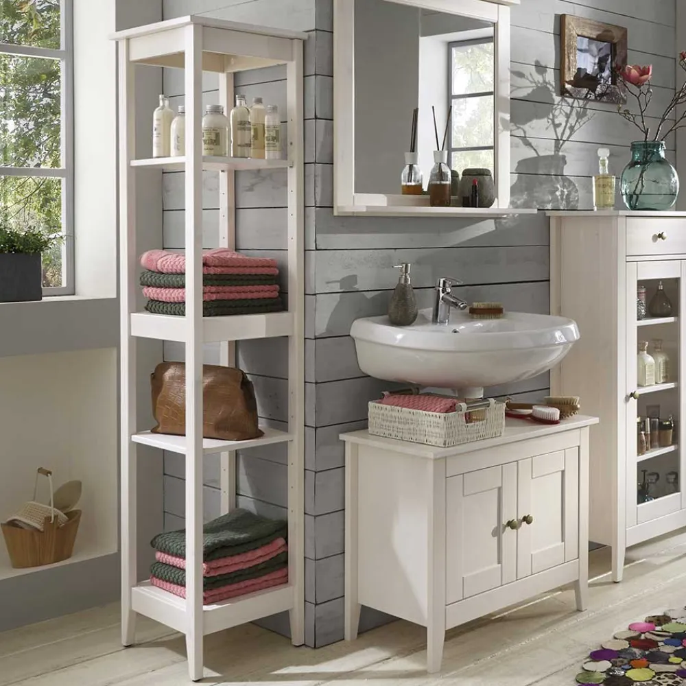 Wohnen Esszimmerregale|Regale*Weiß lasiertes Badezimmer Regal aus Kiefer massiv - Lousias