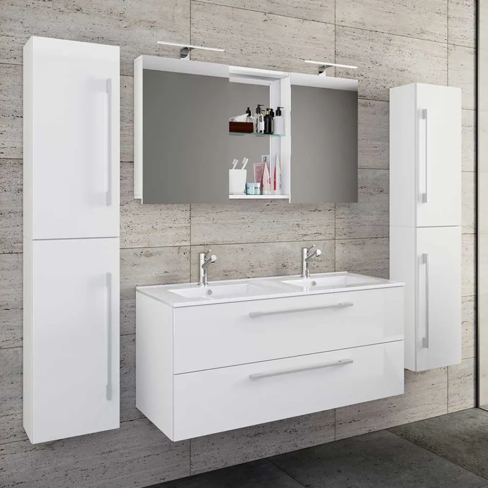 Wohnen Badezimmer Komplett*Weiße Badeinrichtung mit Doppel-Waschtisch - Matsu (vierteilig)