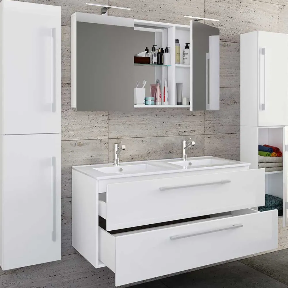 Wohnen Badezimmer Komplett*Weiße Badeinrichtung mit Doppel-Waschtisch - Matsu (vierteilig)