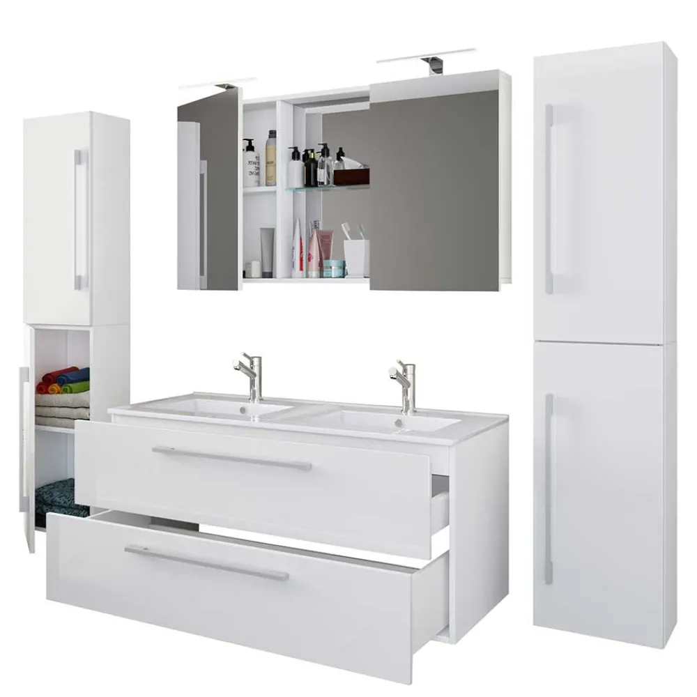 Wohnen Badezimmer Komplett*Weiße Badeinrichtung mit Doppel-Waschtisch - Matsu (vierteilig)