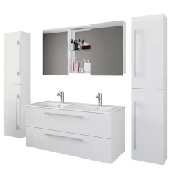 Wohnen Badezimmer Komplett*Weiße Badeinrichtung mit Doppel-Waschtisch - Matsu (vierteilig)