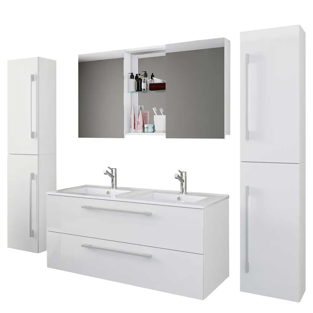 Wohnen Badezimmer Komplett*Weiße Badeinrichtung mit Doppel-Waschtisch - Matsu (vierteilig)