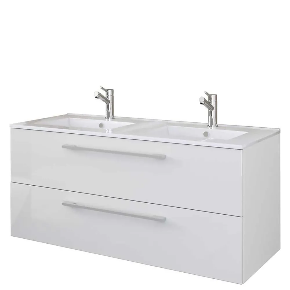 Wohnen Badezimmer Komplett*Weiße Badeinrichtung mit Doppel-Waschtisch - Matsu (vierteilig)