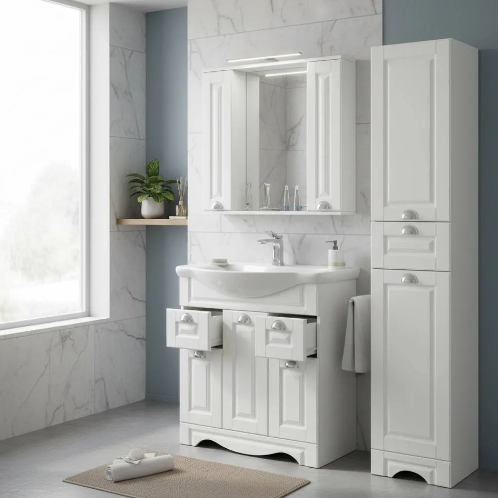 Wohnen Badezimmer Komplett*Weiße Badmöbel klassisch Set - Akira (dreiteilig)
