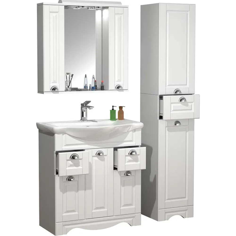 Wohnen Badezimmer Komplett*Weiße Badmöbel klassisch Set - Akira (dreiteilig)