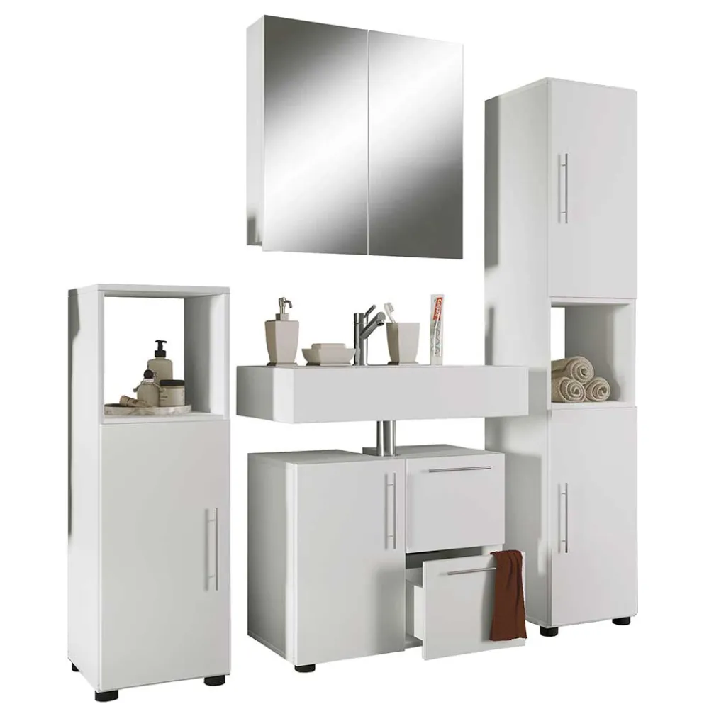 Wohnen Badezimmer Komplett*Weiße Badmöbel Kombi Set - Sua (vierteilig)